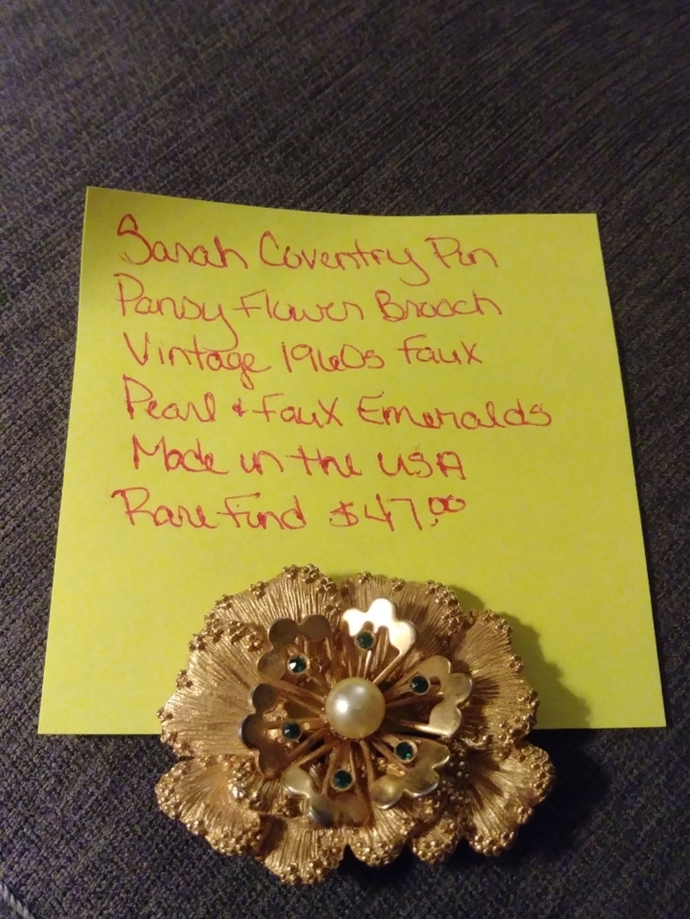 Sarah Coventry Gold Flower Brooch with Faux Pearl and Green Stones Vintage 1960s